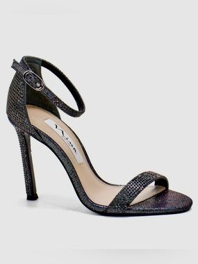 NINA Dayzee Black Glitter Beaded Ankle-Strap Stiletto Sandals 4” Heels Shoes